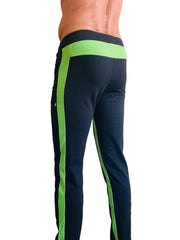 Navy blue eco-track and yoga sweat pants with vibrant lime green side stripes and matching ribbed waistband