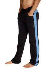 Black eco-track and yoga sweat pant with light blue side stripe drawstring waist and elastic cuffs