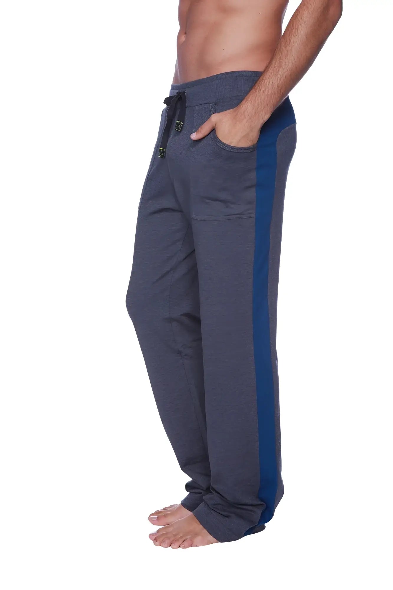 Eco-track and yoga sweat pant in charcoal with royal blue featuring a drawstring waistband and athletic comfort