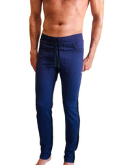 Navy blue eco track and yoga sweat pant with drawstring waistband and side pockets for athletic wear