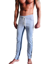 Light gray eco-track and yoga sweat pant with navy blue side stripes and white drawstring waistband in heather grey
