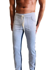 Eco-track and yoga sweat pant heather grey with navy blue side stripes cream drawstring in light gray heathered fabric