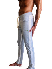 Gray heathered eco-track and yoga sweatpants with white side stripes and matching drawstring waistband