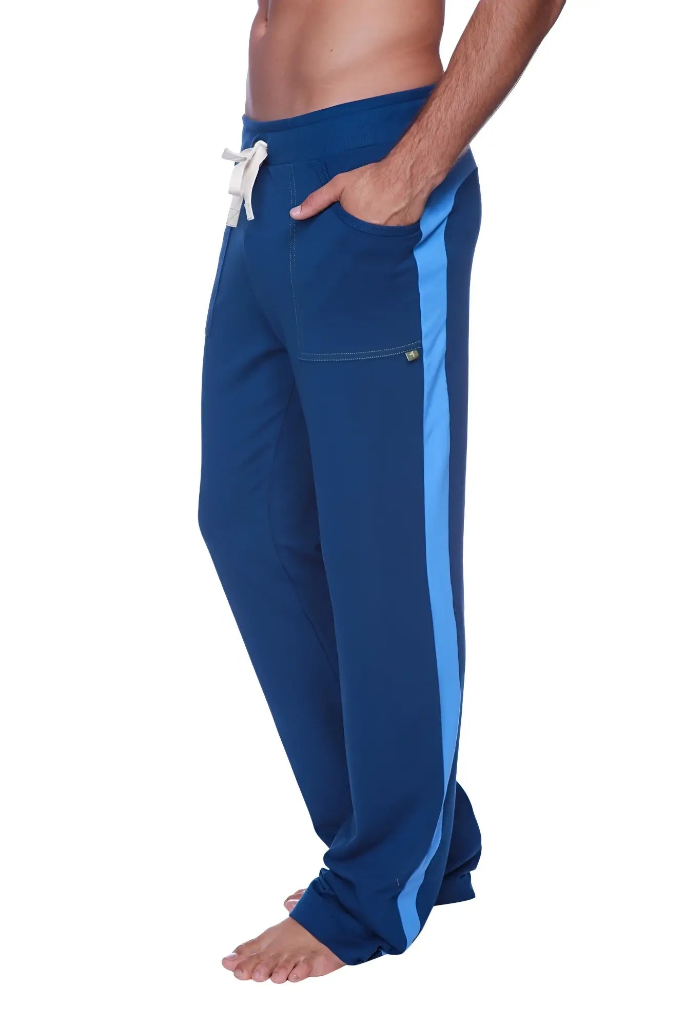 Eco-track and yoga sweat pant royal blue with ice blue stripe and white drawstrings for athletic use