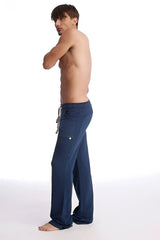 Navy blue eco-track and yoga sweat pant with drawstring waist and side pockets in loose fit design