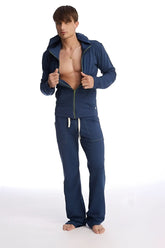 Navy blue eco-track zip-up hoodie and matching solid royal blue yoga sweat pants set for casual wear