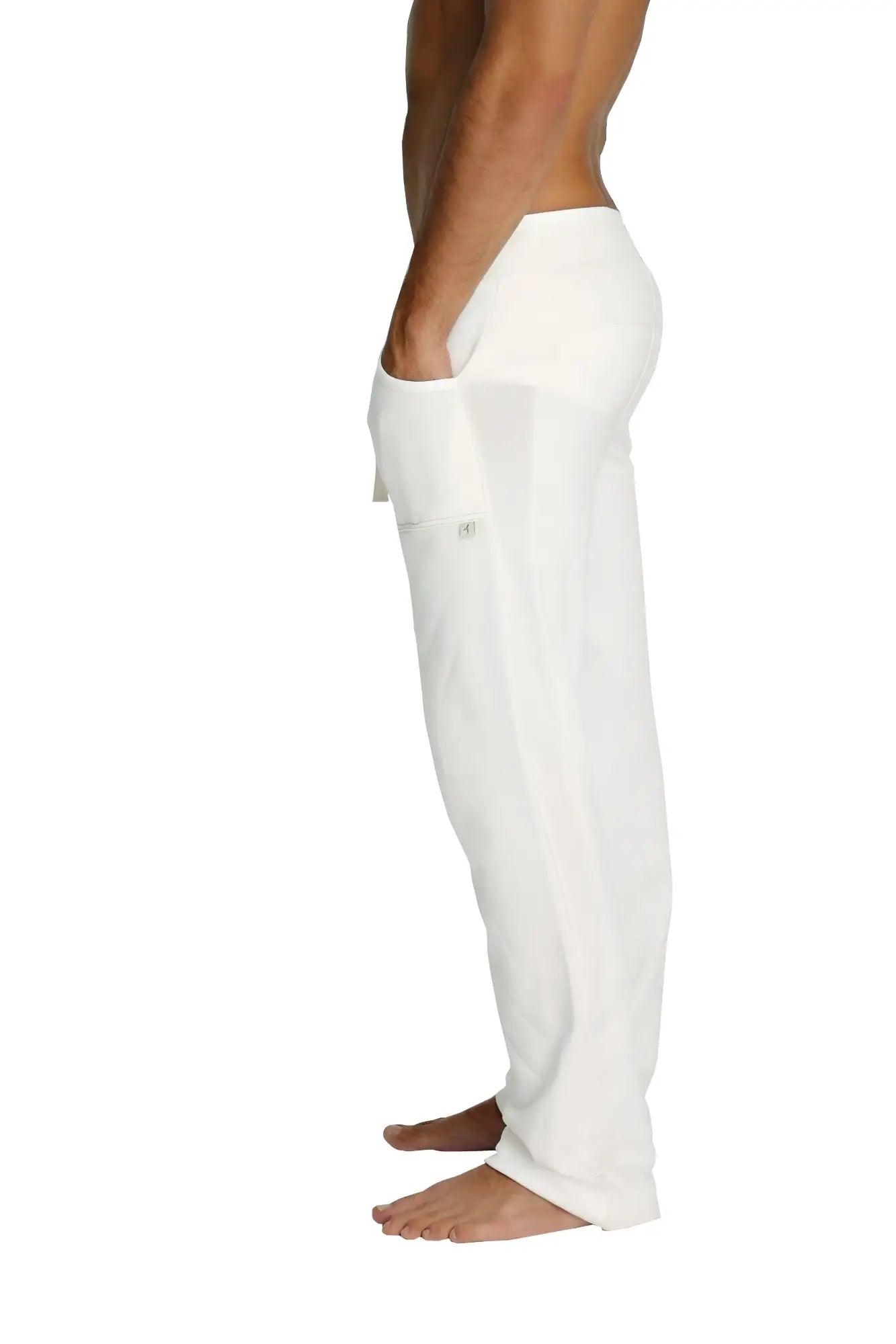 White eco track and yoga sweat pant with loose fit and side pockets made for comfort and relaxation