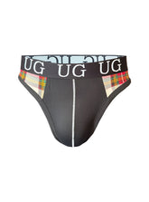 Edge cotton thong black underwear with plaid sides and white stitching down the center front