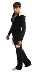 Black edge eco-track and yoga sweat pant set with white-lined hood gold zipper pull and embroidered thigh logo