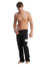 Black edge eco-track and yoga sweatpant with drawstring waist and white label on left thigh for activewear use