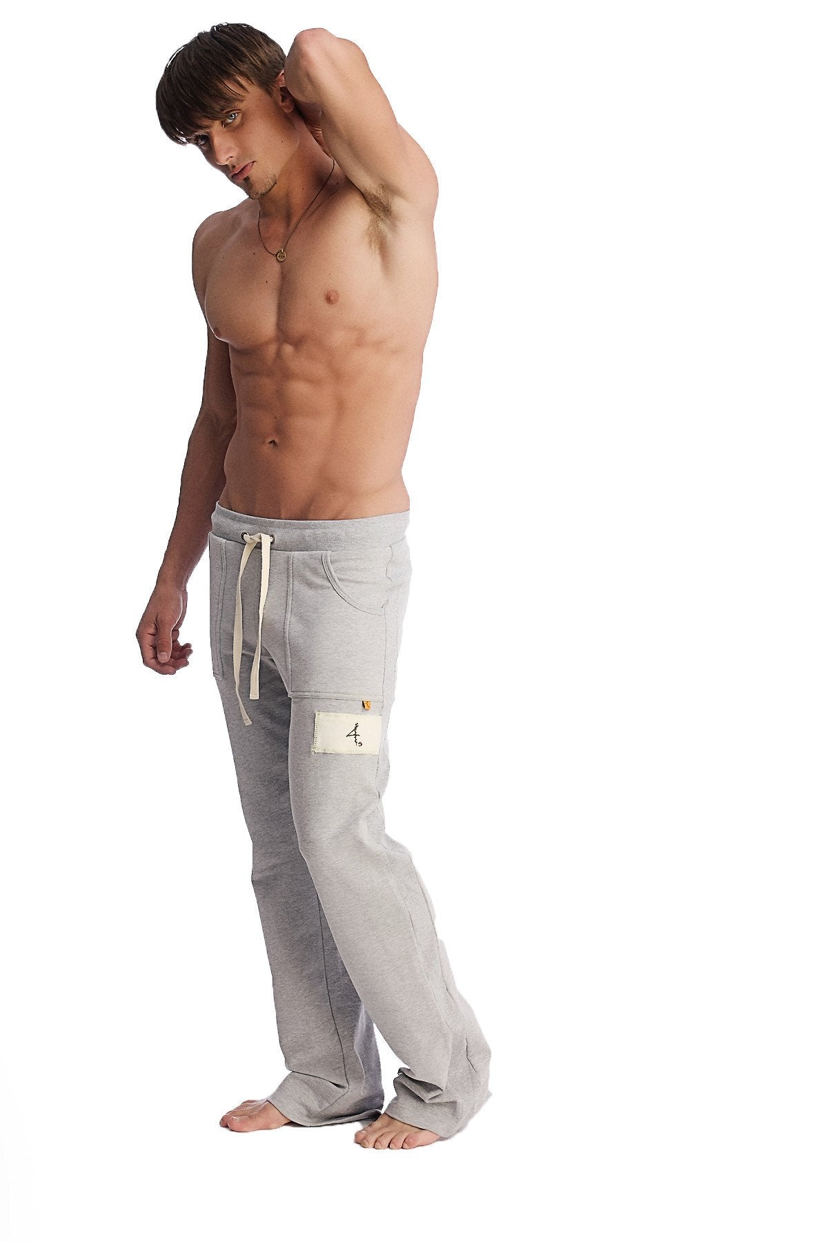 Edge eco-track and yoga sweat pant in heather grey with white drawstrings and a small patch on the left thigh