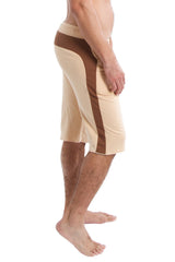 Edge eco-track short in sand with chocolate features beige and brown lightweight athletic fabric with a sleek design