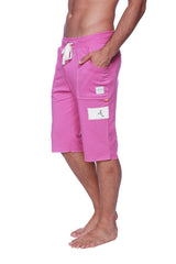 Bright pink soft cotton edge eco-track shorts with white drawstring and patch pockets in solid berry color