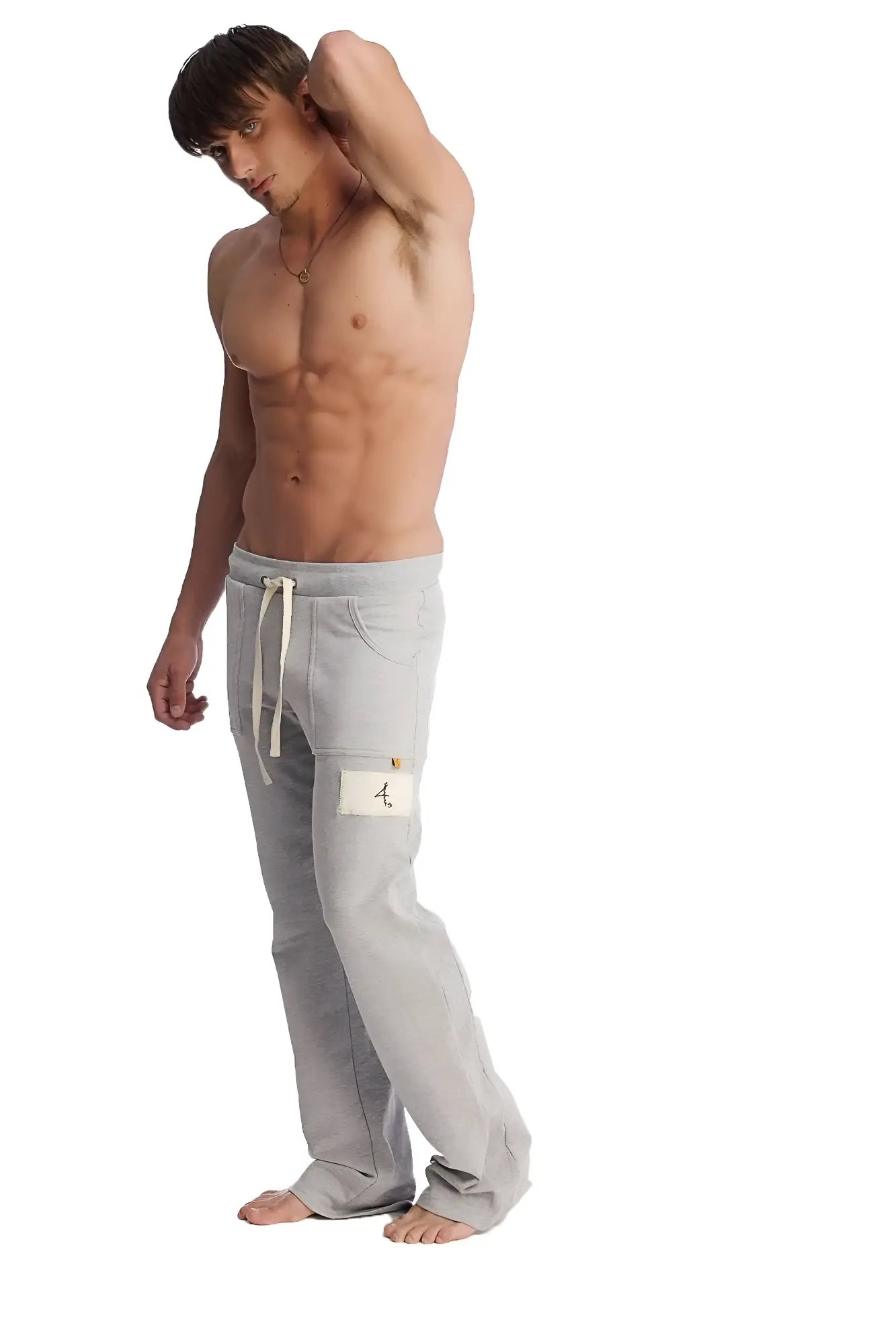 Edge eco-track and yoga sweat pant in heather grey with white drawstrings and a small patch on the left thigh