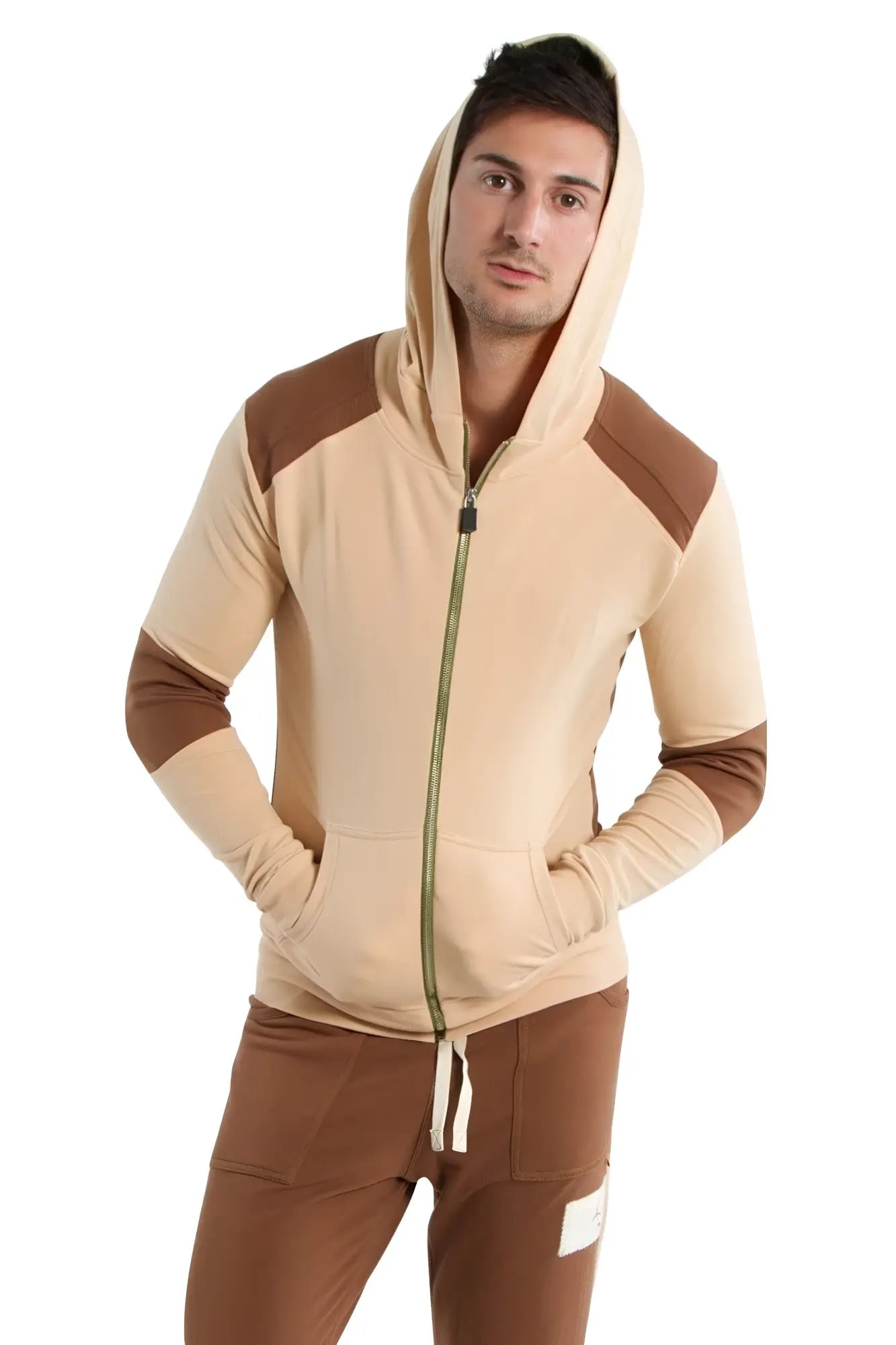 Beige and brown color-blocked edge form-fit crossover yoga track performance hoodie with green zipper in sand w with chocolate