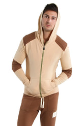 Beige and brown color-blocked edge form-fit crossover yoga track performance hoodie with green zipper in sand w with chocolate