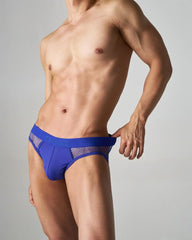 Vibrant royal blue mesh-trimmed edge net brief with sleek form-fitting design for comfortable wear