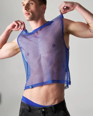 Edge net mesh muscle tank in blue with sheer translucent fabric and reinforced trim along neckline and hem