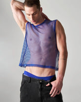 Edge net mesh muscle tank blue sleeveless top with sheer translucent fabric and reinforced blue trim along neckline and hem