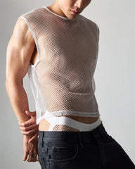 White mesh sleeveless edge net mesh muscle tank with rounded neckline and elasticated hem for breathable comfort