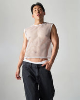 White mesh sleeveless muscle tank with subtle sheen and fine uniform grid pattern for lightweight breathability