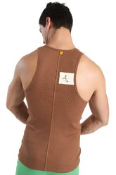 Back view of brown ribbed edge sustain tank top with white label in chocolate color made from sustainable fabric