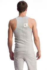 Gray heathered cotton edge sustain tank top with central seam and small white label on the back side