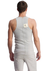 Gray heathered cotton edge sustain tank top with central seam and small white label on the back side