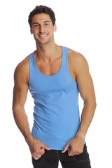 A light blue ribbed cotton tank top with scoop neckline edge sustain tank top ice color