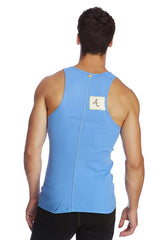 Back view of light blue ribbed edge sustain tank top with central zipper and white label with black calligraphy