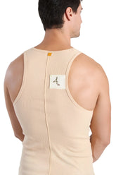 Beige ribbed cotton edge sustain tank top back side with central zipper and white label with black calligraphy