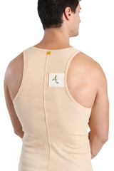 Beige ribbed cotton edge sustain tank top back side with central zipper and white label with black calligraphy