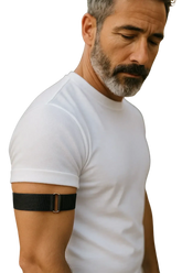 Black nylon elastic armband with a gold-tone metal buckle for secure and stylish arm support