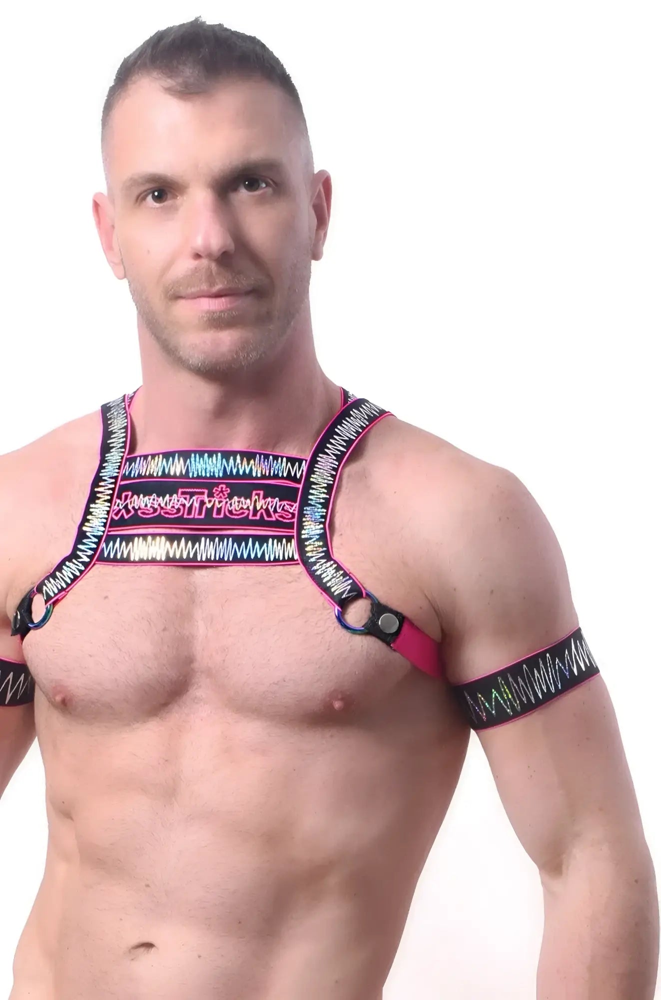 Electro armband set of 2 with vibrant pink and black straps featuring a colorful zigzag chest harness design