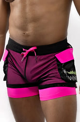 Electro cargo shorts in vibrant magenta and black with neon pink trim mesh fabric and bold pocket detailing