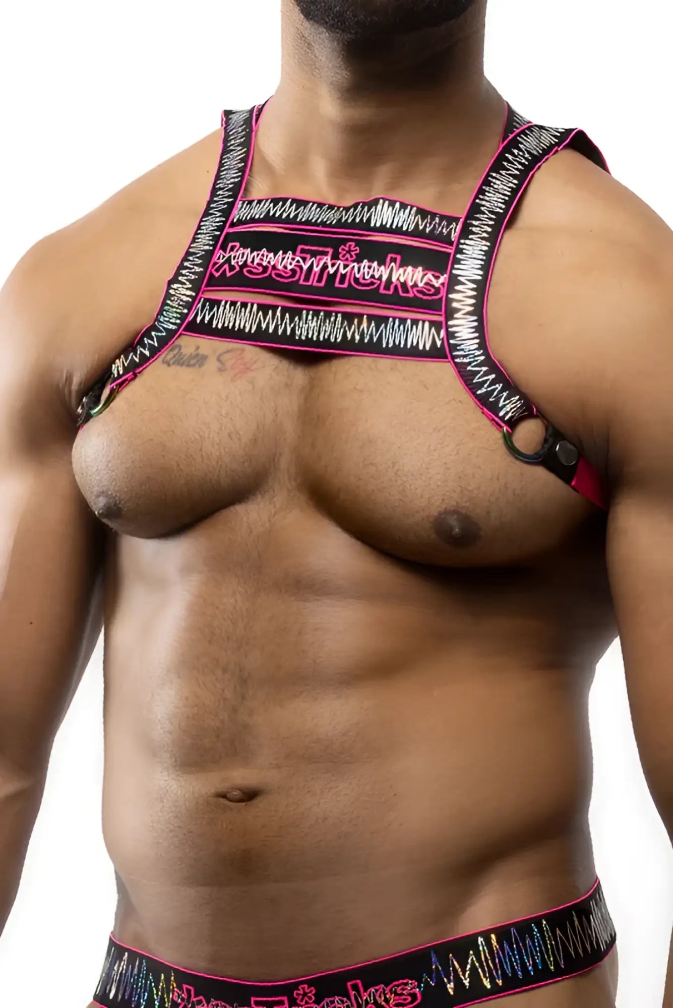 Black and pink electro holographic harness with bold wavy pattern for stylish festival and rave wear