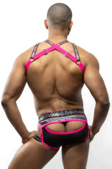 Bright pink and black mesh harness underwear with a bold patterned waistband from electro holographic harness collection