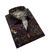 Elora S S buttondown vibrant men’s dress shirt with black base and colorful geometric red yellow blue green patterns