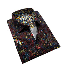 Elora S S buttondown vibrant men’s dress shirt with black base and colorful geometric red yellow blue green patterns