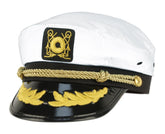 Epoch Hats white captain hat with black brim, gold rope trim, and embroidered emblem on a white background.