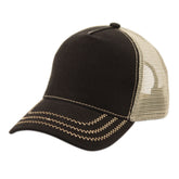 Epoch black cotton canvas trucker cap with tan zig-zag brim stitching and mesh back.