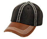 Distressed washed denim two tone cap featuring black denim with brown leather brim and white stitching