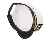 Epoch Hats white captain hat with a black brim, gold rope trim, and an embroidered gold anchor insignia on the side.