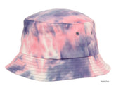 A soft tie dye bucket hat in pink and purple hues with subtle white streaks for casual wear