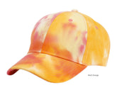 A vibrant multi-orange tie dye cap with stitched panels and a curved brim perfect for casual wear