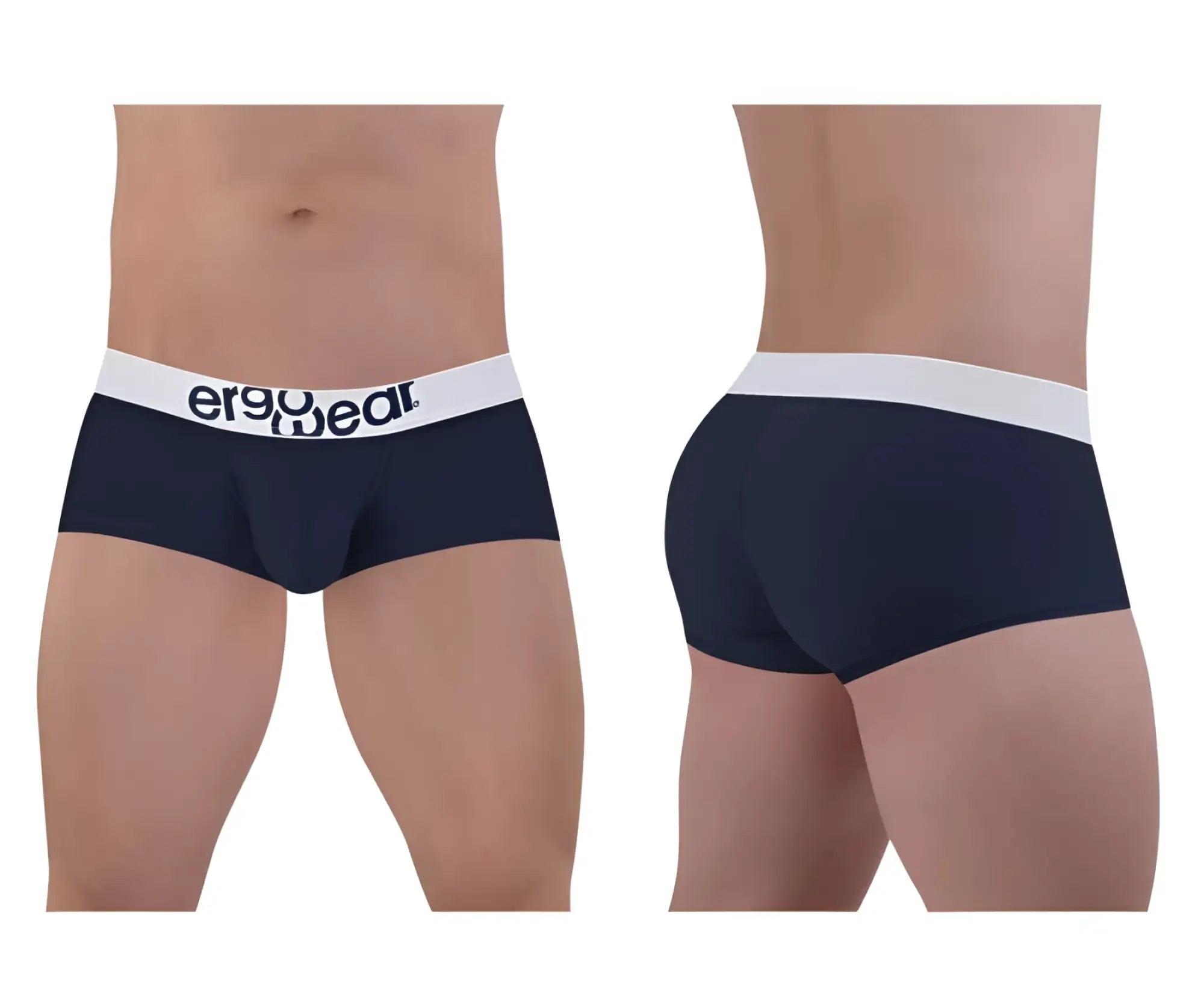 Navy blue ergonomic cotton briefs with a white waistband featuring the ergo wear logo in black text