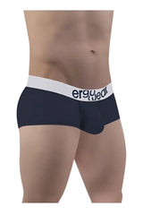 Navy blue ergonomic cotton briefs with white waistband and ergo wear logo in black text, model ew1472 max cotton trunks