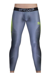 Gray and neon green ergonomic compression leggings with black ergowear waistband designed for athletic use