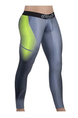 Gray and neon yellow gradient compression leggings with mesh texture and ergo wear logo on waistband in gray-green color