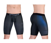 Back view of ergo wear ew1605 max se dark gray ergonomic compression shorts with blue gradient panel and branded waistband